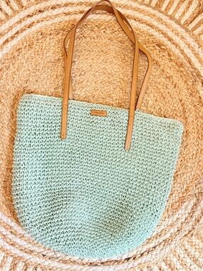 🌾 Volcom Mint Woven Tote with Tan Handles